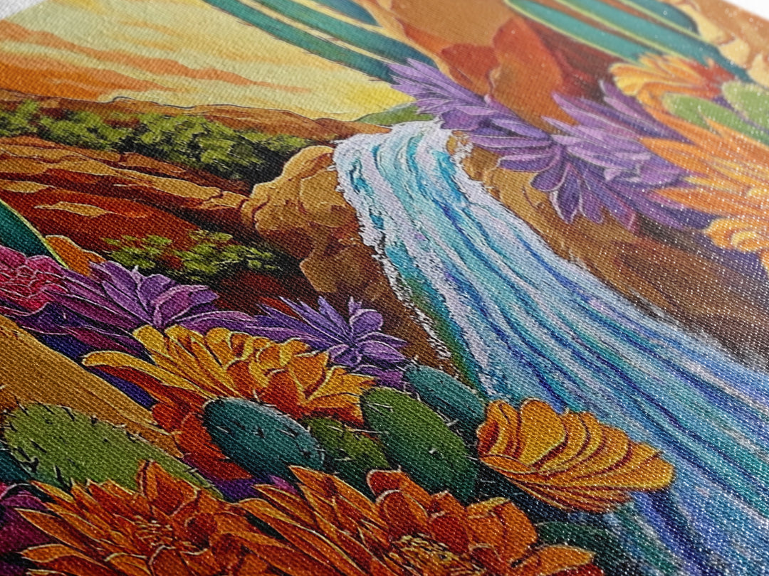 Cactus Canyon, Flowers, Waterfall, Framed Canvas Print Bright desert wall art, boho botanical painting, vibrant hallway home decor