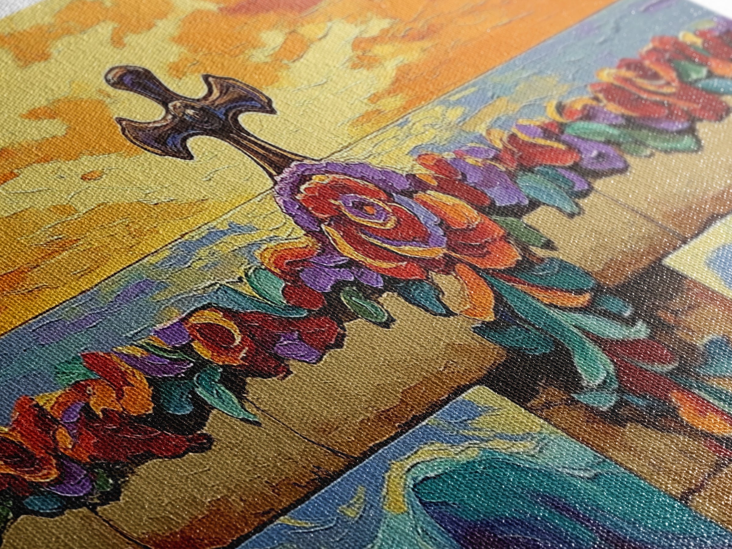 Cross Sunset, Flowers, Spiritual, Coastal Cross Sunset Framed Canvas Print, Christian Wall Art, Floral Beach Decor, Living Room Art