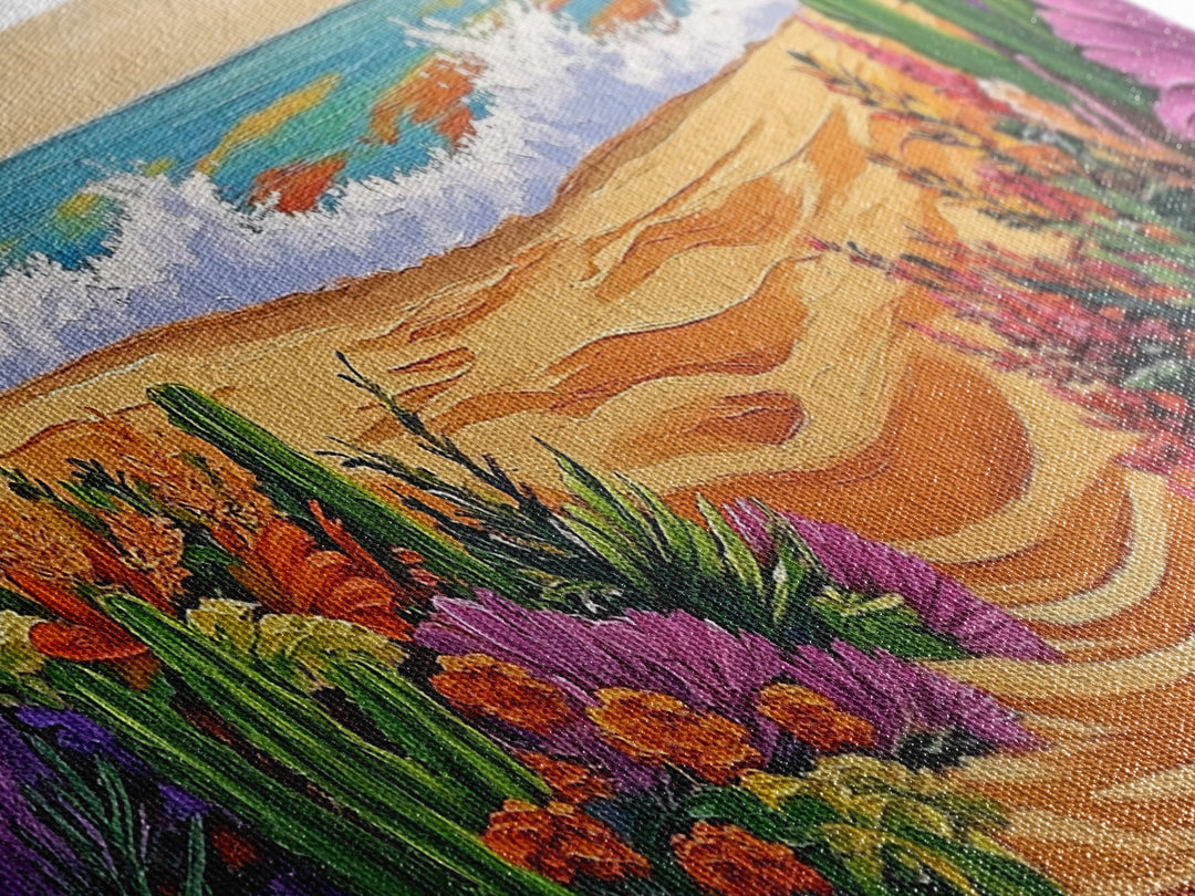 Beach Floral, Sunset, Cactus, Vibrant Desert Coastal Pathway Canvas Print, Entryway Wall Art, Boho Style Art, Tropical Beach Wall Decor