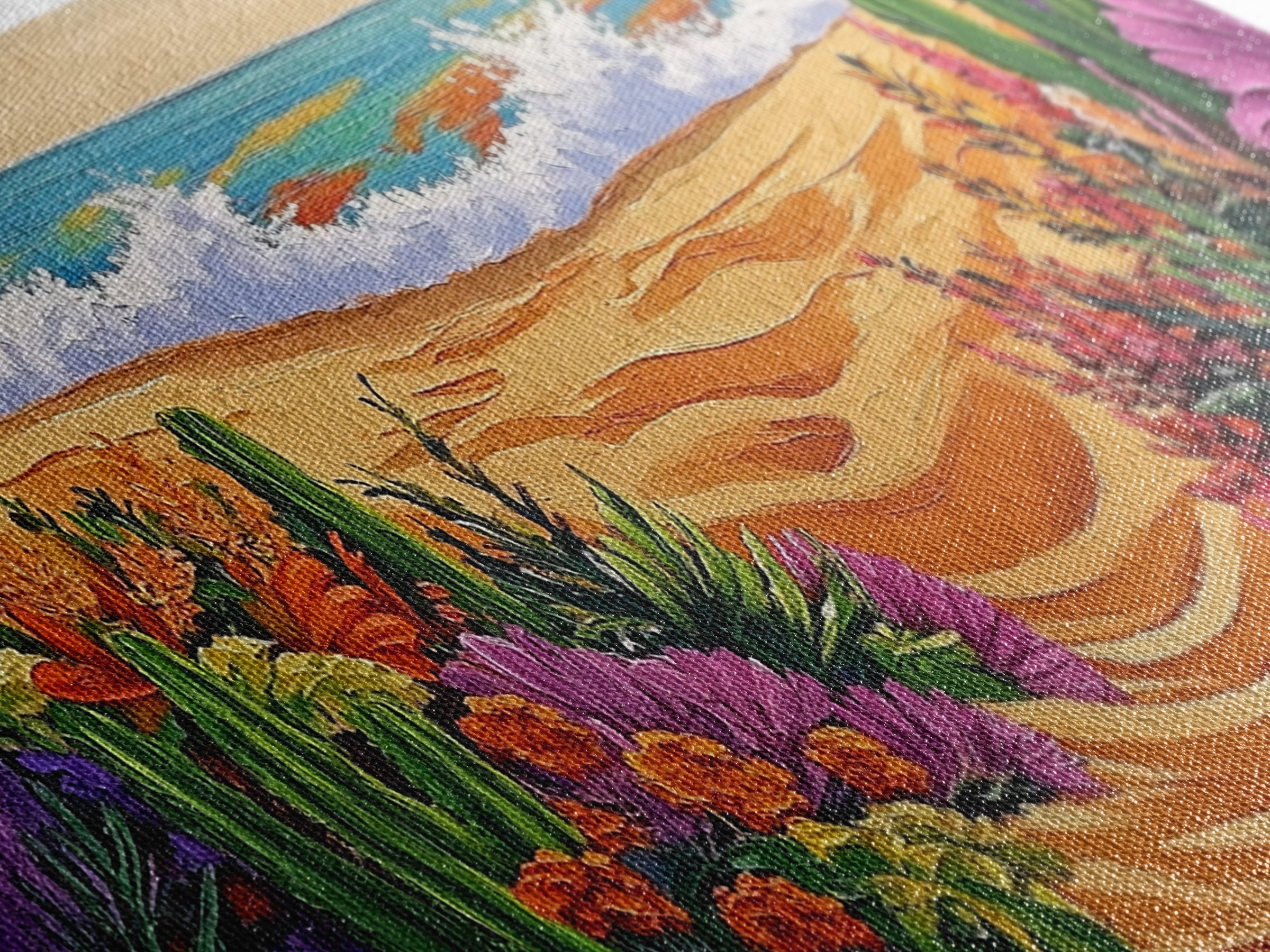 Beach Floral, Sunset, Cactus, Vibrant Desert Coastal Pathway Canvas Print, Entryway Wall Art, Boho Style Art, Tropical Beach Wall Decor