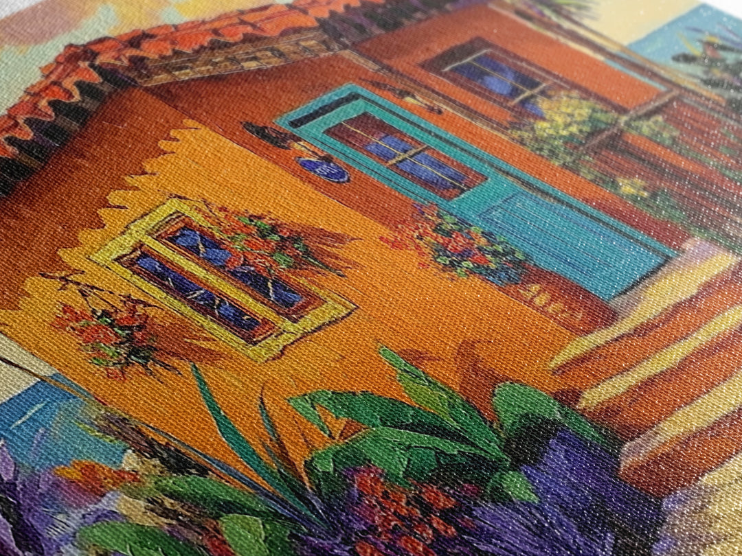 Casita Tropical, Sunset, Garden, Framed Canvas Print, Mexican villa painting, rustic kitchen decor, vibrant coastal house wall art