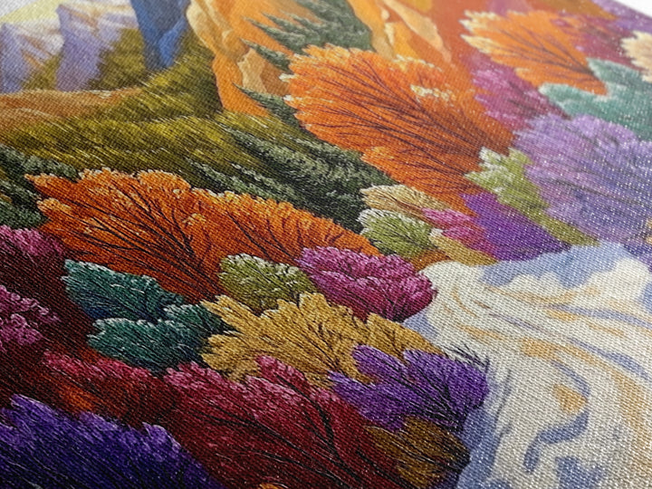 Autumn Forest, Snow, Trail, Canvas Print, Fall landscape painting, cabin wall decor, cozy mountain art, vibrant rustic hallway print