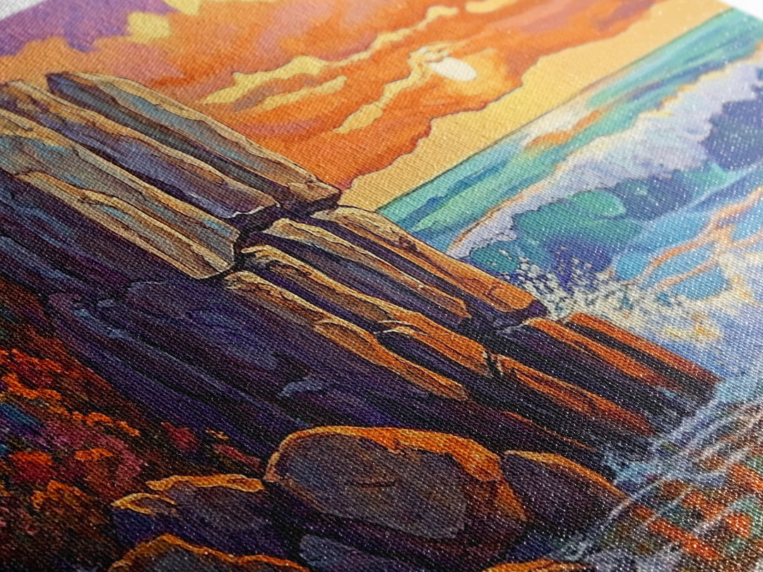 Rock Ocean, Sunset, Waves, Framed Canvas Print, coastal wall decor, bold shoreline art, living room beach style, nature theme