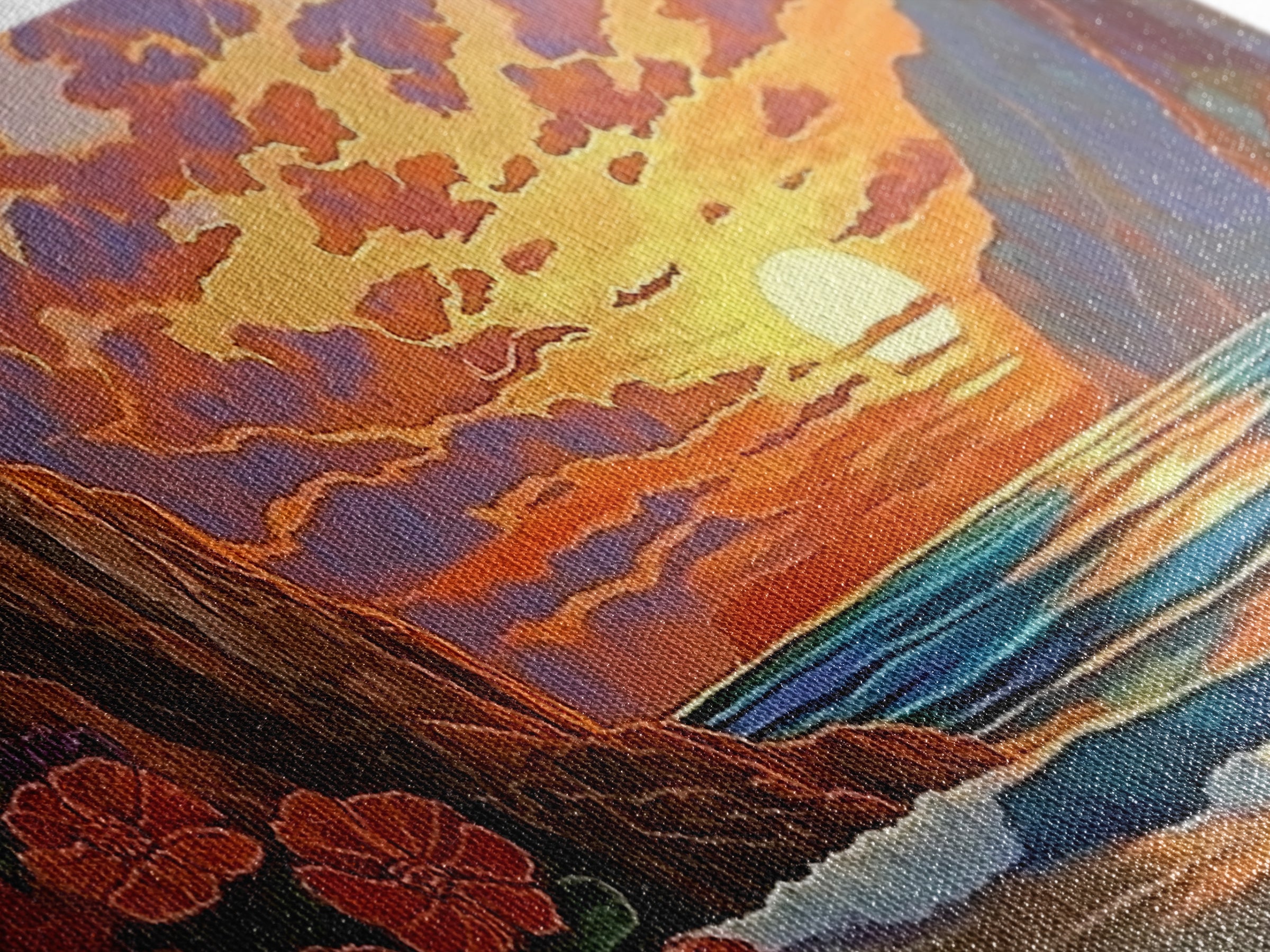 Beach Cliffs, Sunset, Vibrant Sky, Framed Canvas Print, Boho Coastal Art, Bedroom Wall Decor, Ocean View Painting, Tropical Landscape