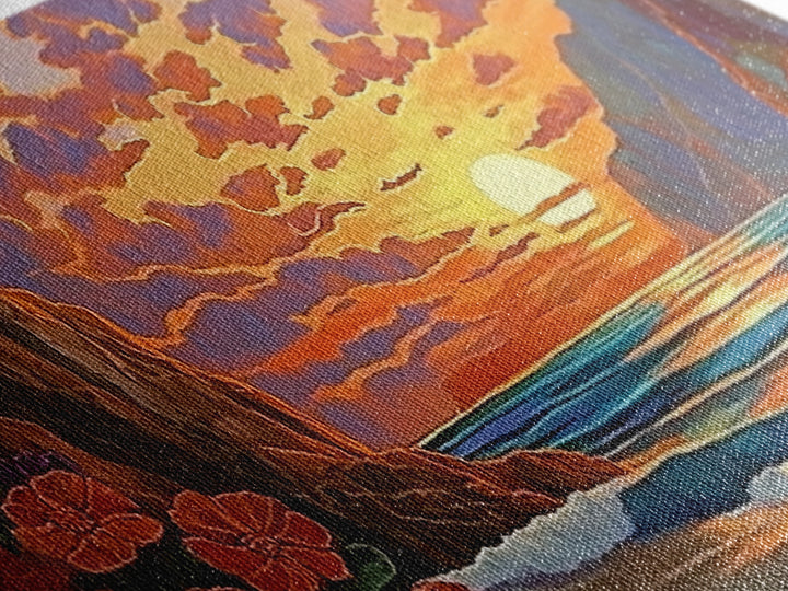 Beach Cliffs, Sunset, Vibrant Sky, Framed Canvas Print, Boho Coastal Art, Bedroom Wall Decor, Ocean View Painting, Tropical Landscape