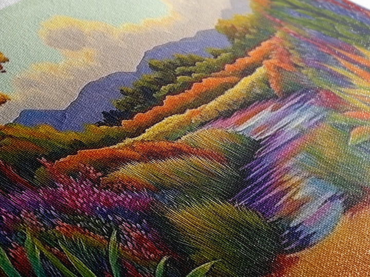 River Wildflowers, Autumn Trees, Mountain View, Framed Canvas Print, Fall Nature Art, Kitchen Wall Decor, Boho Landscape Painting