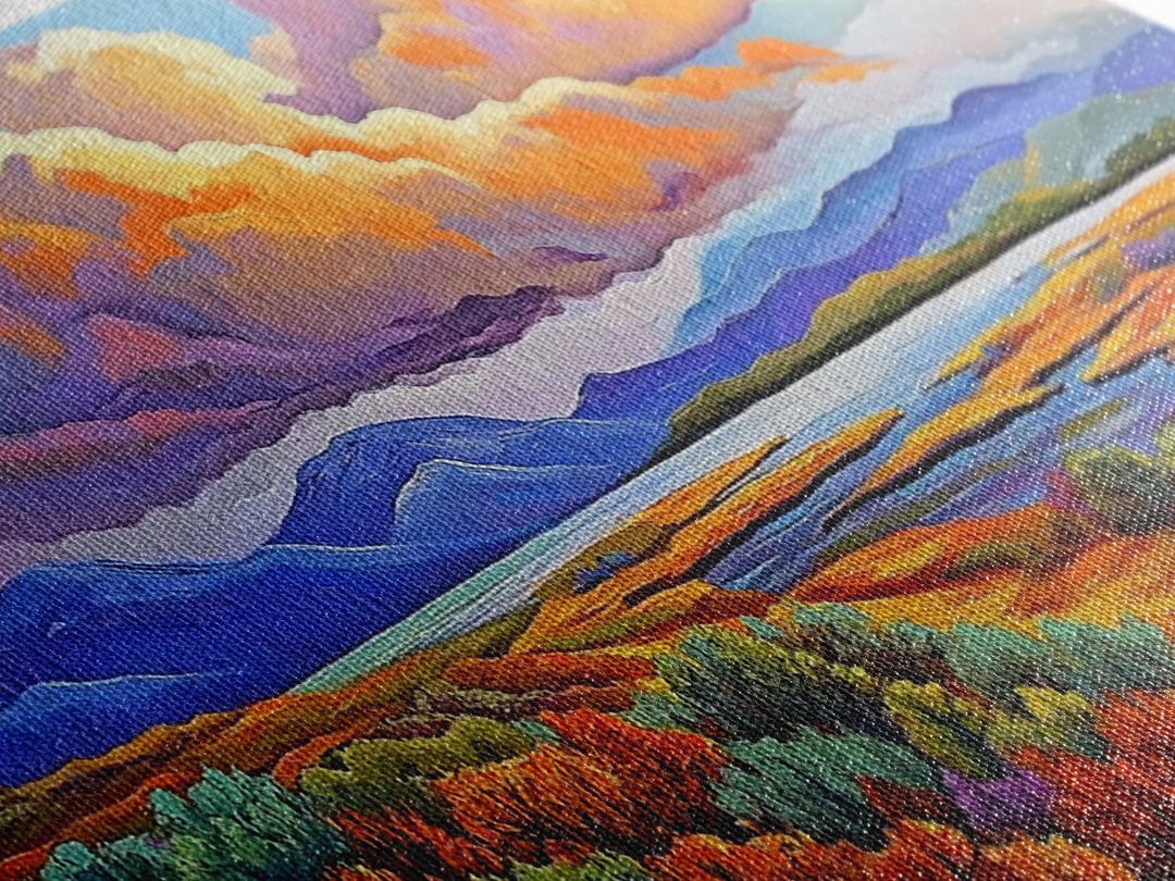 Autumn Mountains, Path, Landscape, Framed Canvas Print, serene autumn mountain scene with vibrant clouds, colorful field trail art