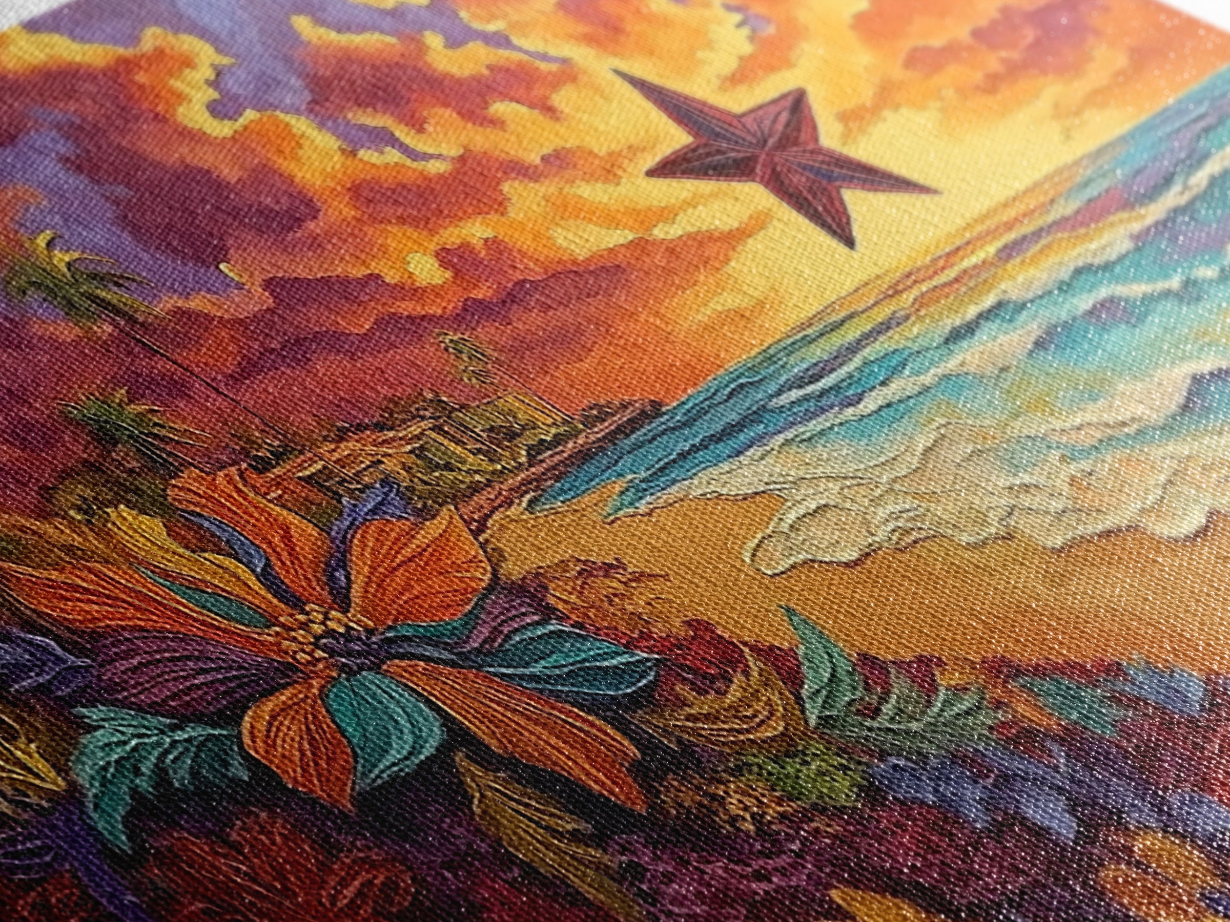 Beach Star, Flower, Sunset, Framed Canvas Print, beach sunset art with star, bold tropical flowers, palm trees, vivid sky, living room