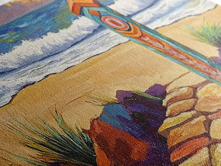 Beach Path, Waves, Nature, Ocean path with pillar, Framed Canvas Print, Coastal Decor, Vibrant Wall Art, Bathroom or Hallway Art