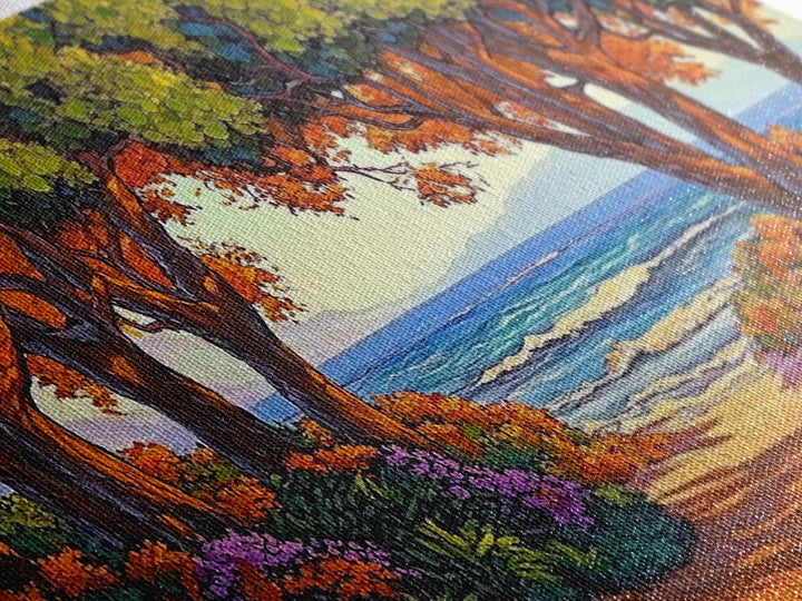 Beach Trees, Tunnel, Ocean, Sunset beach tunnel view, Framed Canvas Print, Coastal Boho Decor, Romantic Seaside Wall Art