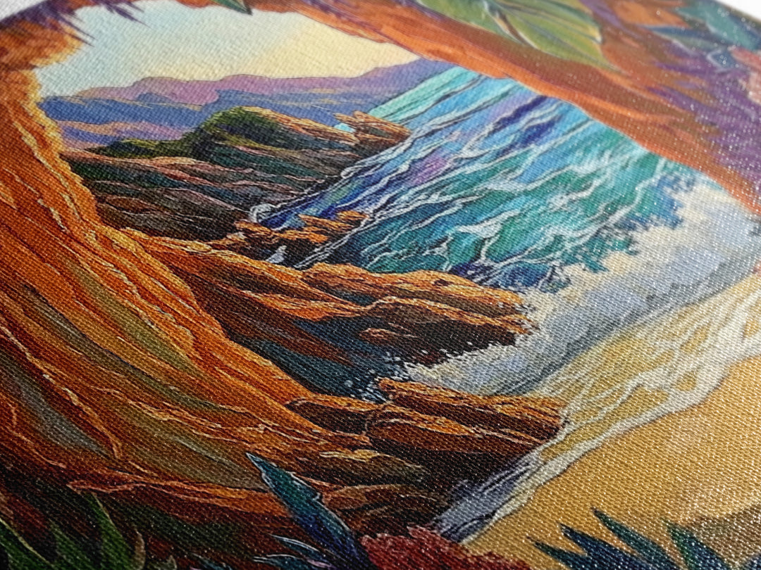 Cave, Beach, Jungle, Ocean, Canvas Print, Coastal jungle scene, tropical beach view, living room or entryway boho wall decor