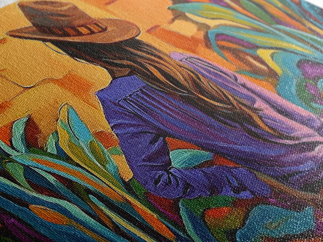 Cowgirl Desert, Vibes, Art, Framed Canvas Print, Western woman cactus wall art, rustic country home decor, southwestern living room