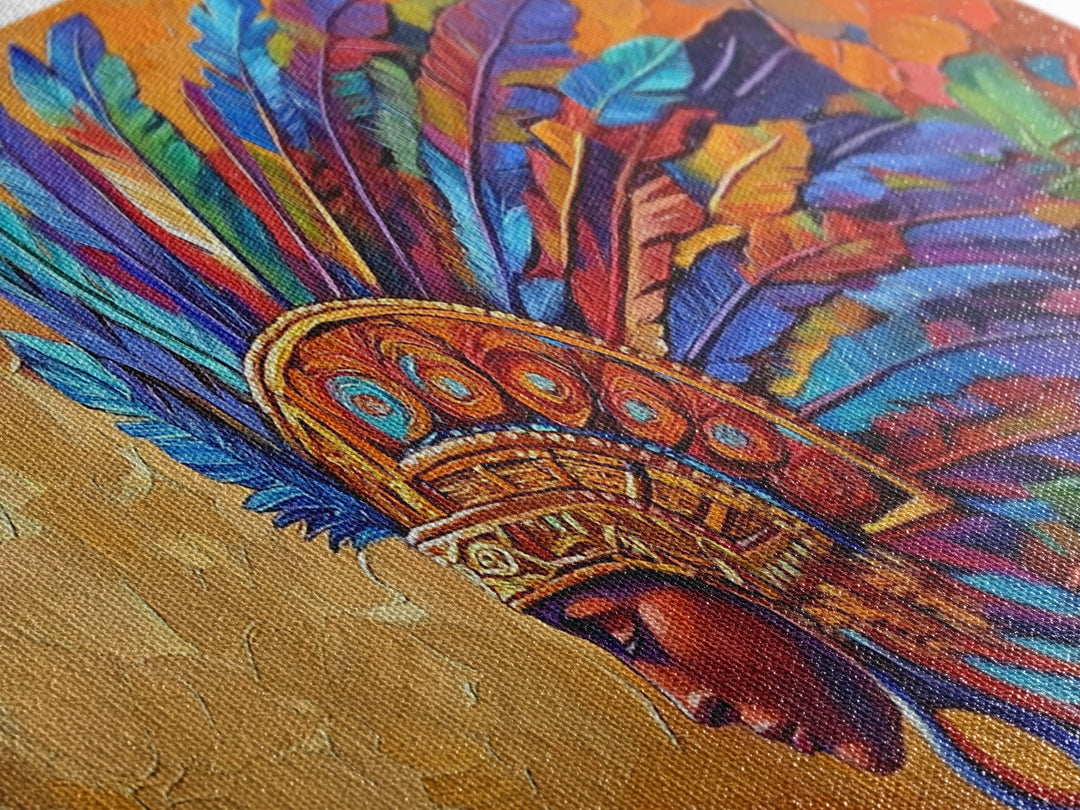 Aztec Warrior, Headpiece, Art, Framed Canvas Print, Indigenous feather headdress wall decor, bold bohemian accent, office statement