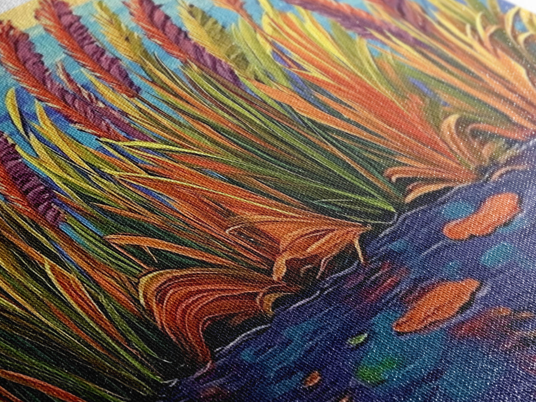 Autumn Lakeside, Grasses, Art, Framed Canvas Print, Fall coastal reed painting, rustic harvest decor, nature print, living room wall