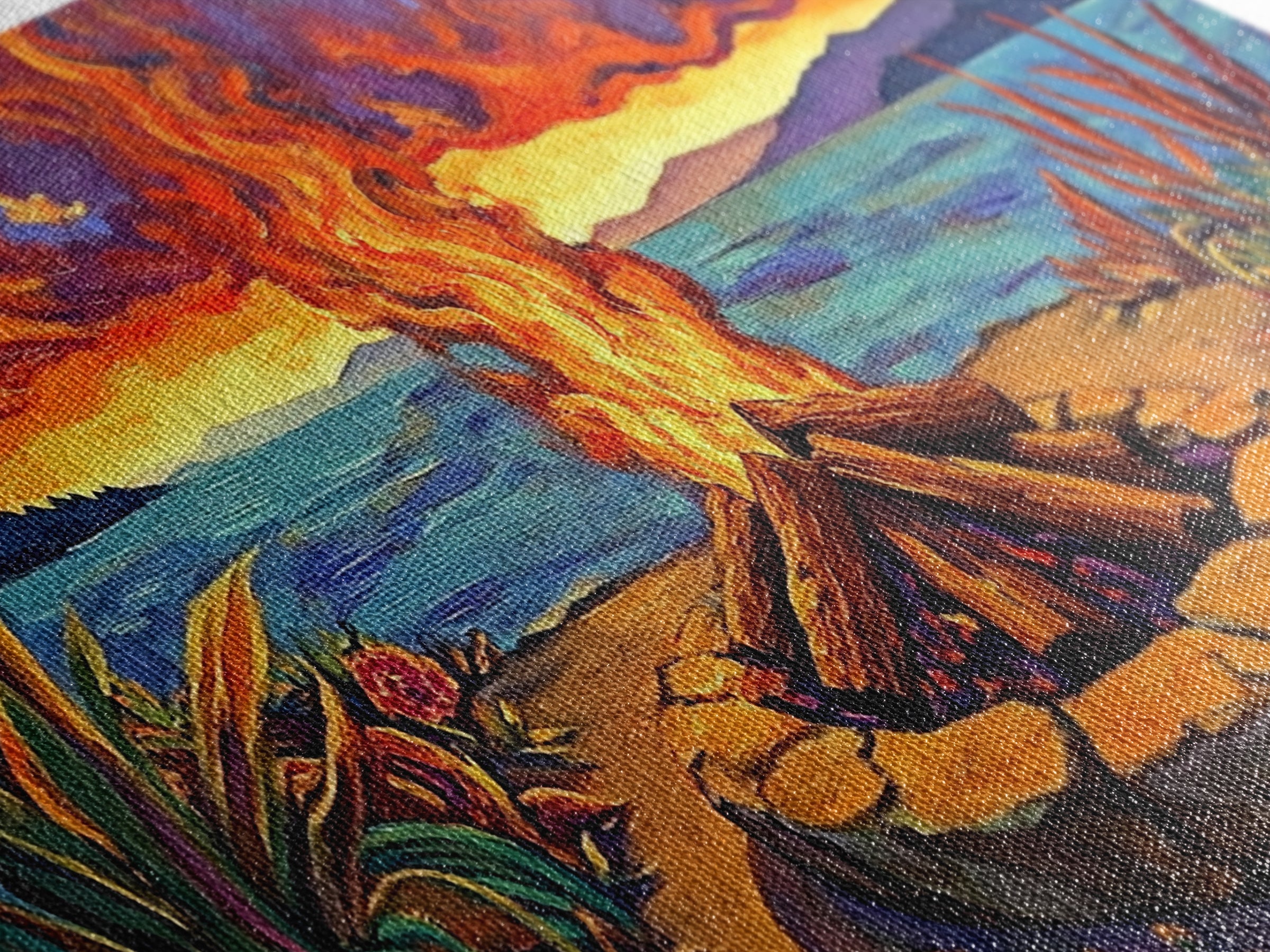 Campfire Desert, Sunset, Fiery Skies, bold landscape Canvas Print, autumn outdoor art, cozy rustic living room wall décor