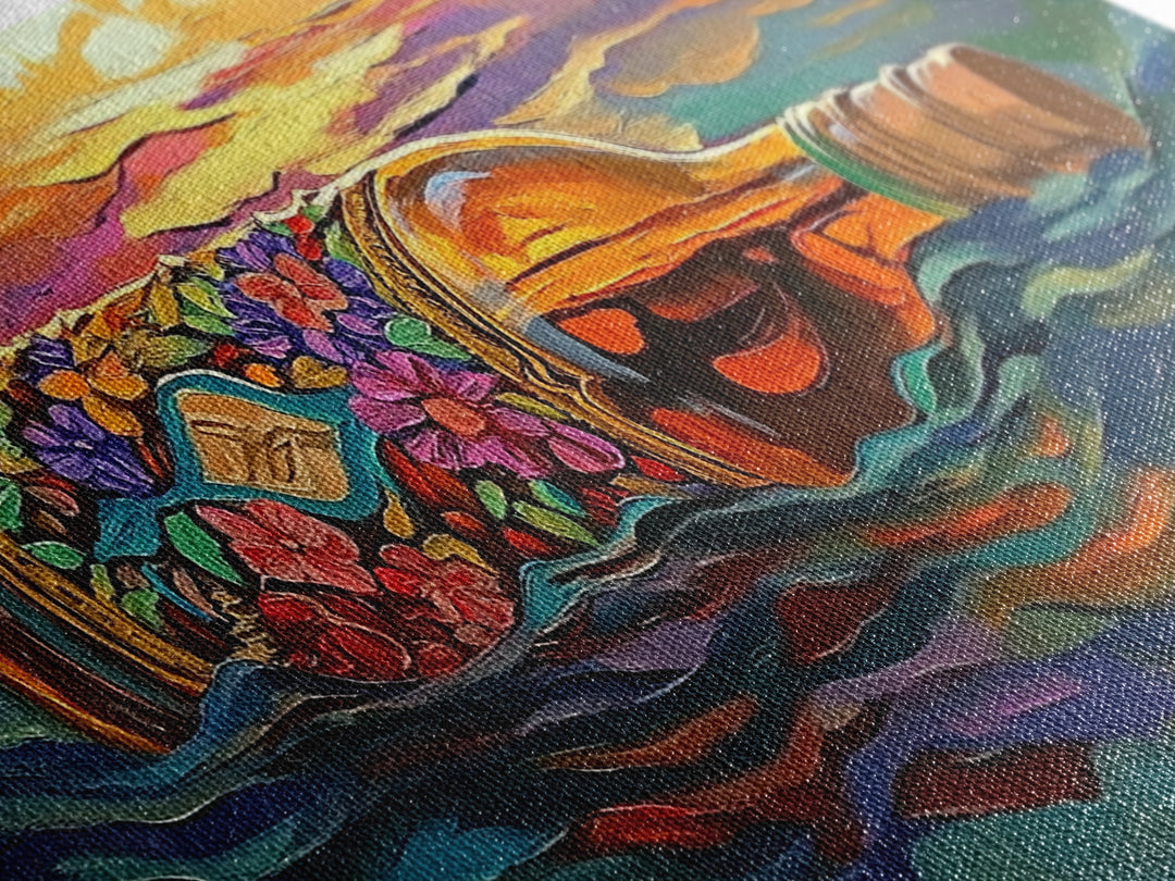 Bottle Ocean, Sunset, Flowers, Framed Canvas Print tropical beach bathroom decor, coastal boho wall art, floral message bottle painting