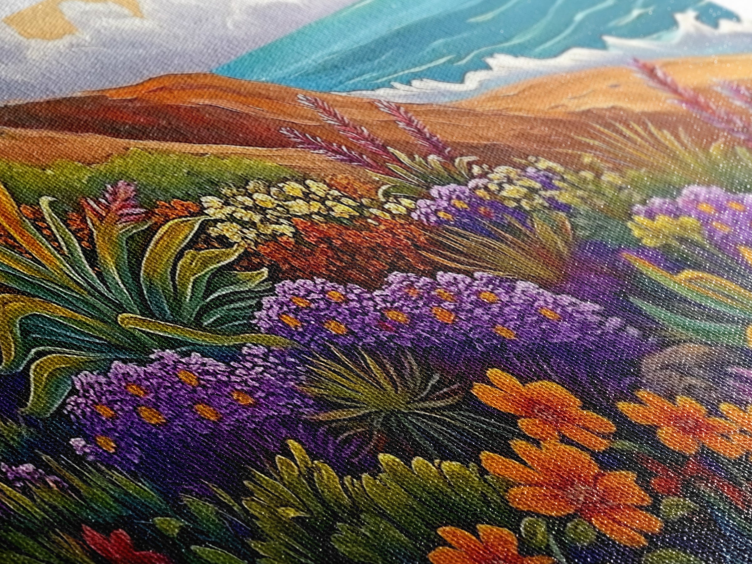 Coastal Floral, Landscape Painting, Canvas Print, vibrant beach flowers, ocean view wall decor, boho style Living Room Wall Art