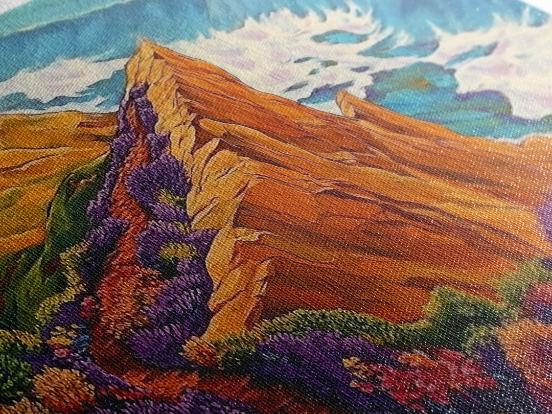 Cliff Flowers, Ocean Horizon, Framed Canvas Print, bold floral bluff, coastline scene, vibrant scenic Kitchen Wall Art, boho decor