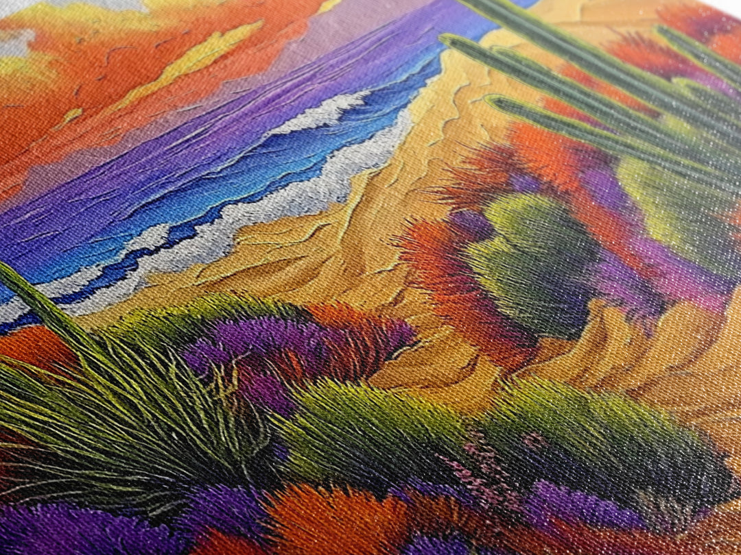 Cactus Sunset, Desert Painting, Framed Canvas Print, vibrant desert coastline, colorful flora, boho ar,t Southwest Style Entryway