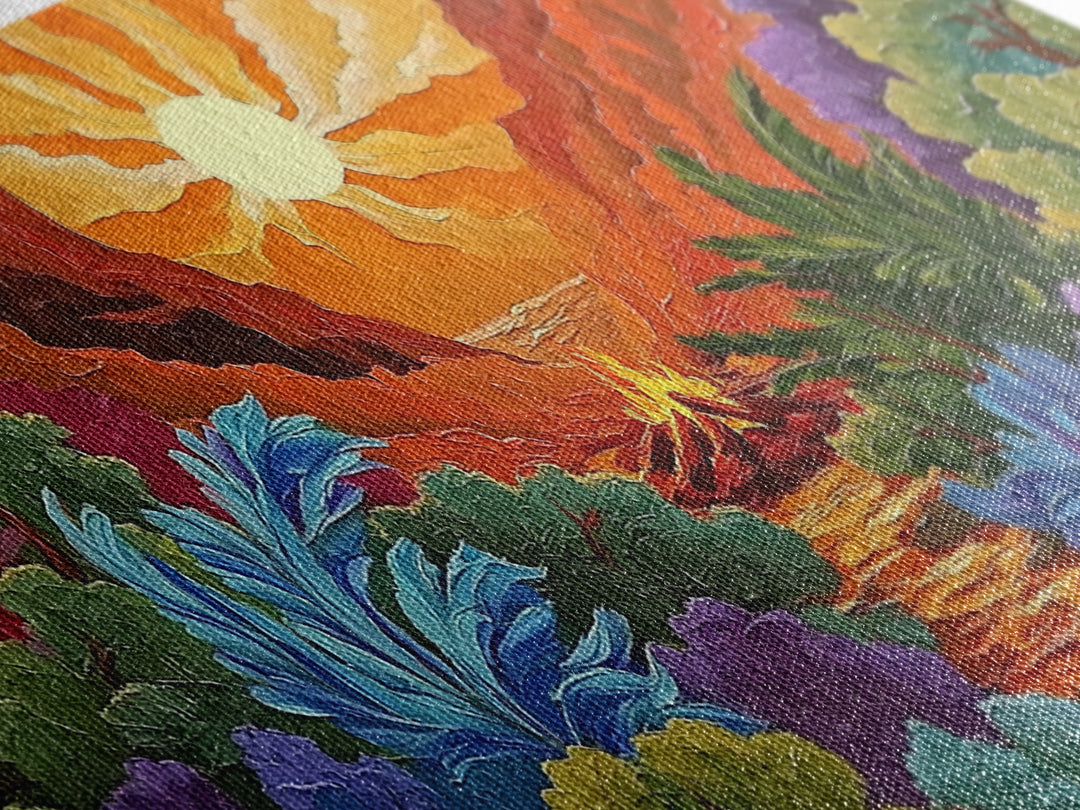 Campfire Valley, Sunset, Vivid Sky, bright forest Canvas Print, fall nature decor, bold boho fire painting, cozy cabin wall art