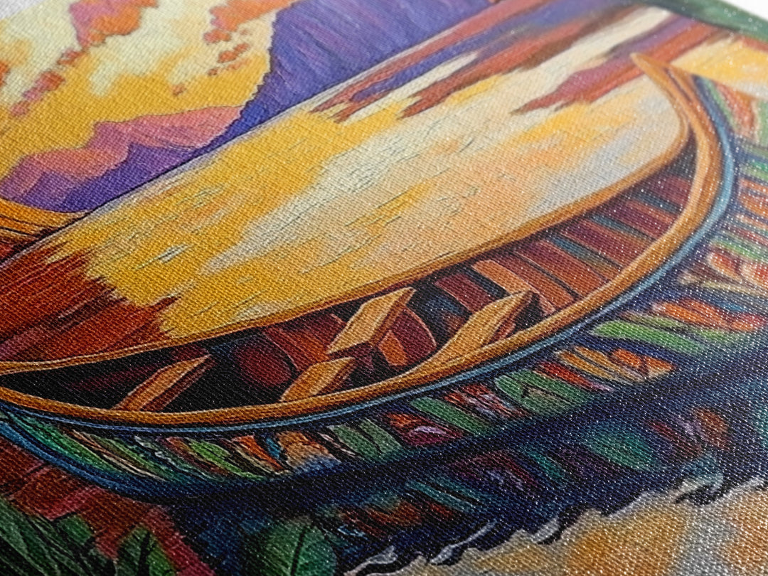 Canoe Tropical, Sunset Reflections, Serene Waters, exotic island Framed Canvas Print, tranquil boho decor, lakehouse wall art