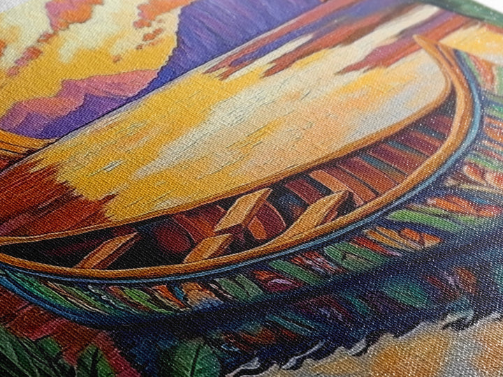 Canoe Tropical, Sunset Reflections, Serene Waters, exotic island Framed Canvas Print, tranquil boho decor, lakehouse wall art