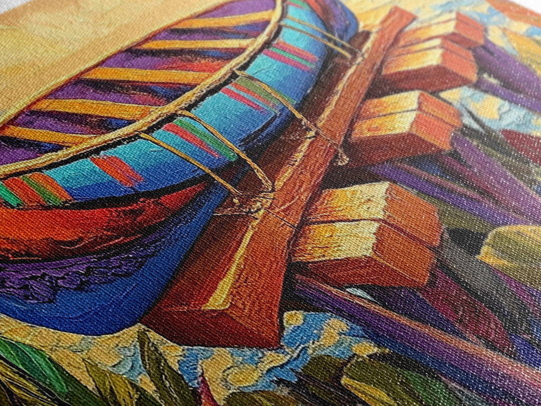 Canoe Dock, Ocean, Bold Palette, vibrant tropical Canvas Print, nautical boho art, playful beach house wall decor, summer vibes