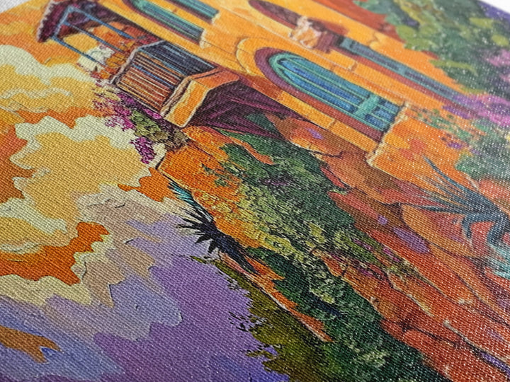 Cliffside House, Sunset, View, Desert boho mountain house, colorful Canvas Print, living room wall art, dramatic sky landscape painting