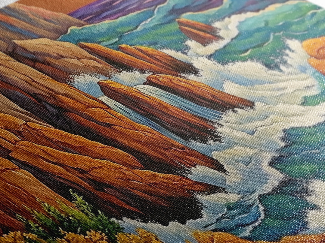 Rocks Waves, Sea, Energy, Dramatic cliff seascape Canvas Print, living room wall art, bold ocean decor, coastal energy painting