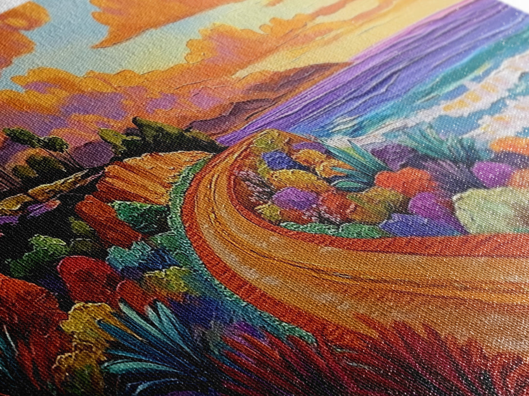 Coastal Train, Sunset, Framed Canvas Print, Vibrant coastal sunset railway painting, Colorful beachscape boho art, Hallway Wall Art