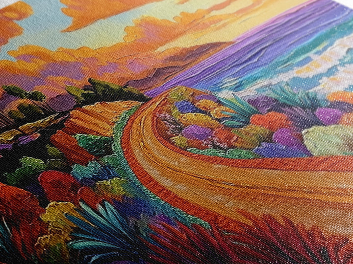 Coastal Train, Sunset, Framed Canvas Print, Vibrant coastal sunset railway painting, Colorful beachscape boho art, Hallway Wall Art