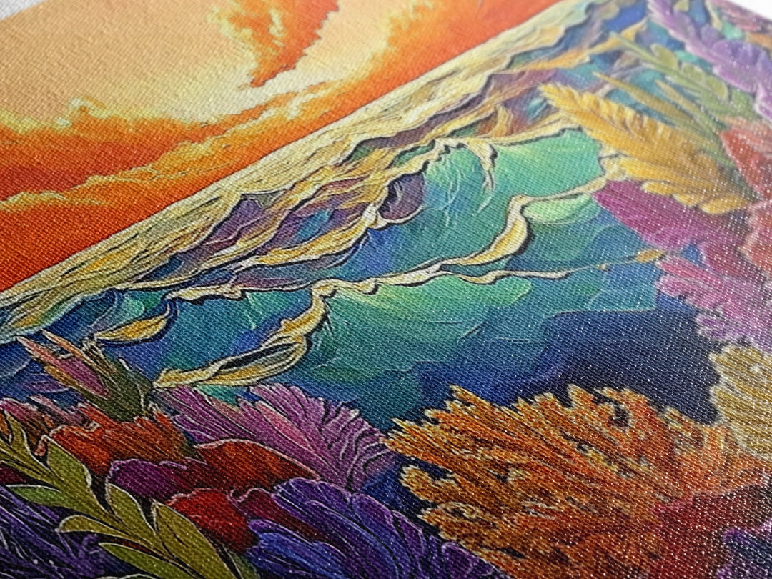 Coral Ocean, Sunset, Framed Canvas Print, Underwater coral reef at sunset painting, Ocean lover gift idea, Coastal Spa Wall Art