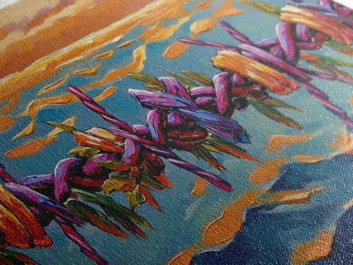 Barbed Sunset, Ocean, Framed Canvas Print, Symbolic Ocean Barbed Wire Art, Modern Sunset Expressionist Decor, Unique Office Wall Art