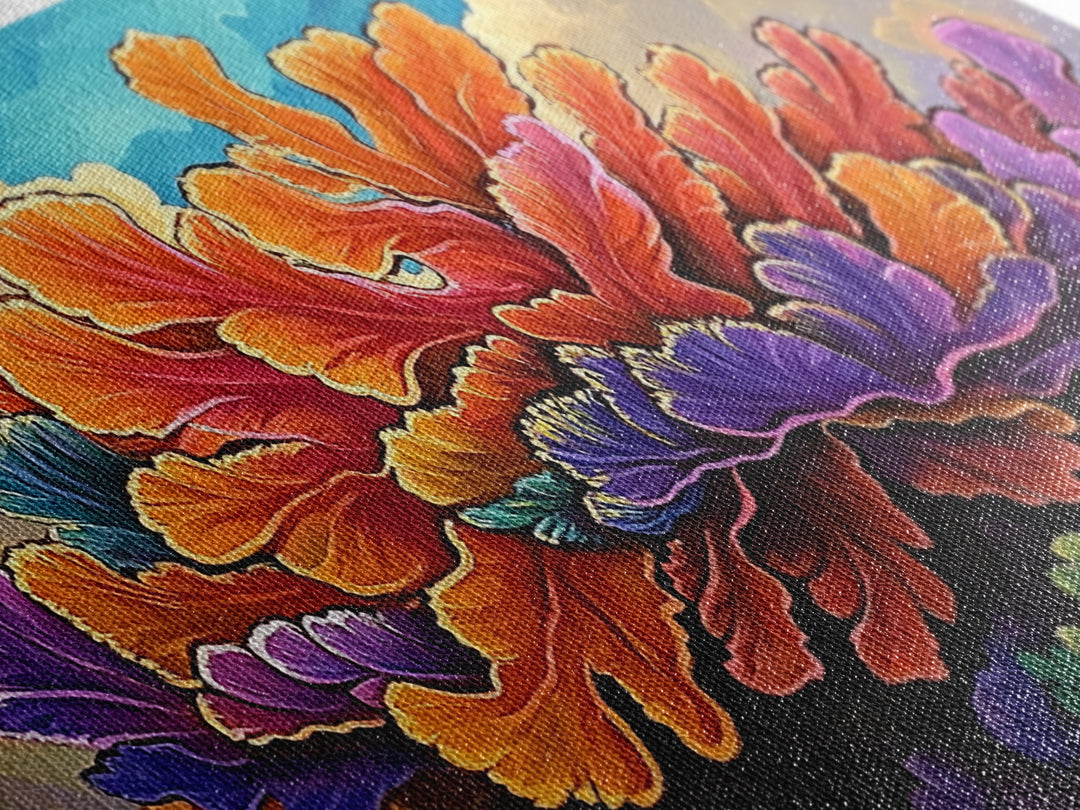 Coral Bloom, Ocean, Framed Canvas Print, Abstract blooming coral reef under dreamy sky painting, Modern Coastal Decor, Bedroom Wall Art