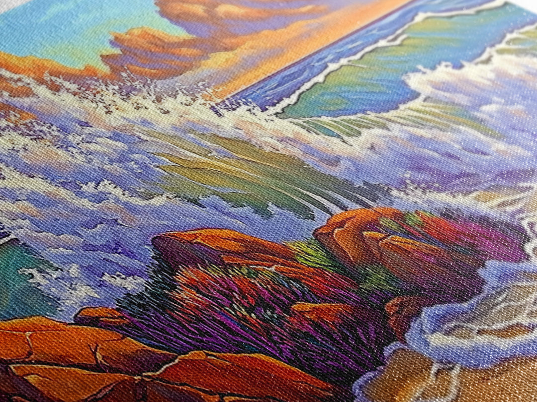 Rocks Waves, Sky, Framed Canvas Print, Majestic ocean wave crashing on rocks under golden clouds, Tropical Seascape, Coastal Living Room