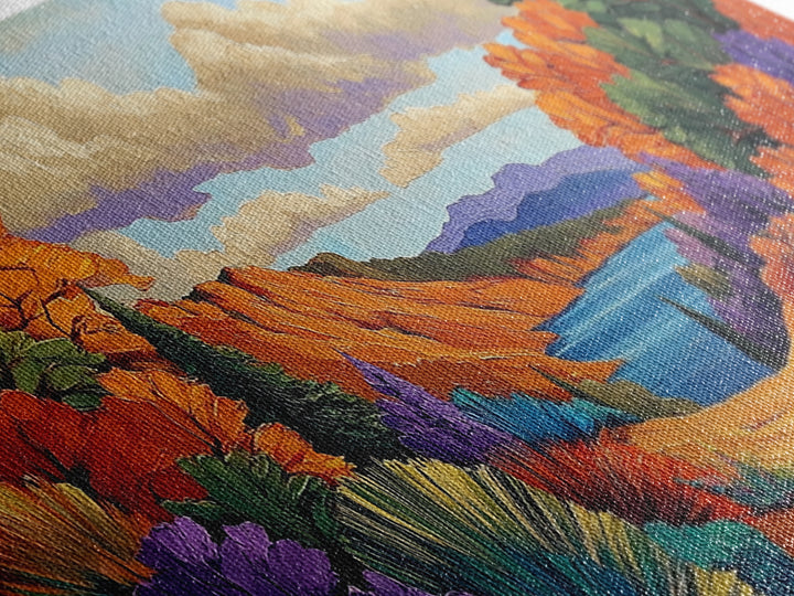 Autumn Lake, Path, Framed Canvas Print, Vibrant Fall forest trail leading to lake painting, Cozy Cabin Decor, Autumn Entryway Art