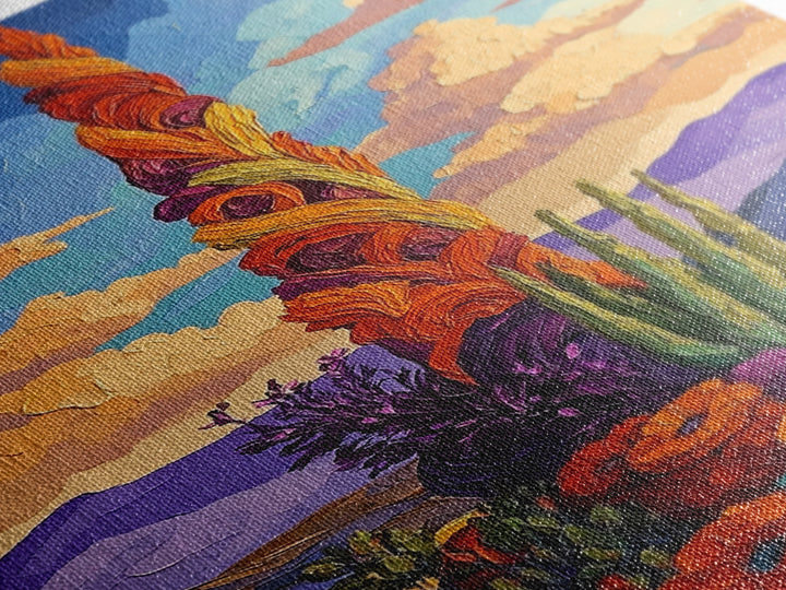 Cactus Bloom, Sunset, Desert, Canvas Print southwest desert flower art, blooming cactus painting, bright desert landscape, office decor