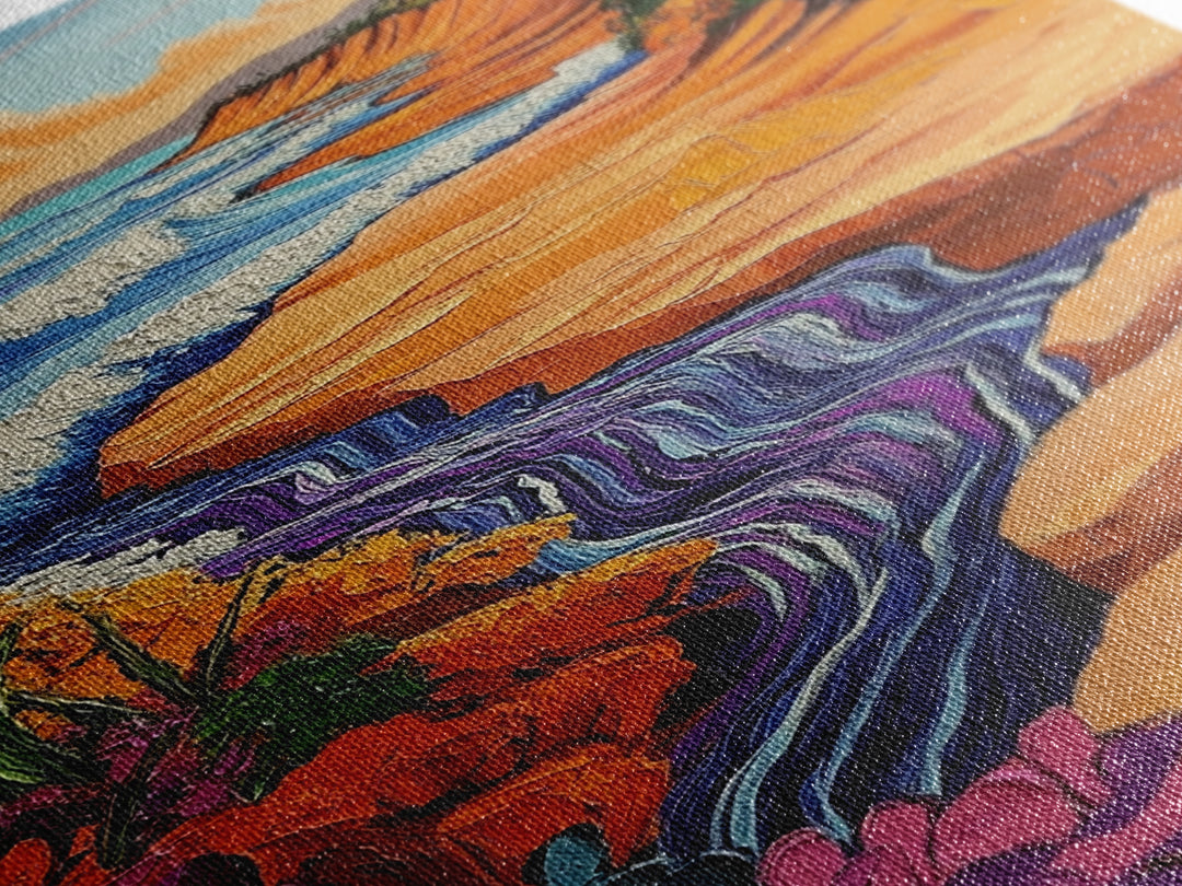 Beach Cliff, Waterfall, Sunset, Canvas Print bold beachside cliff art, ocean waterfall wall decor, coastal boho painting, living room print