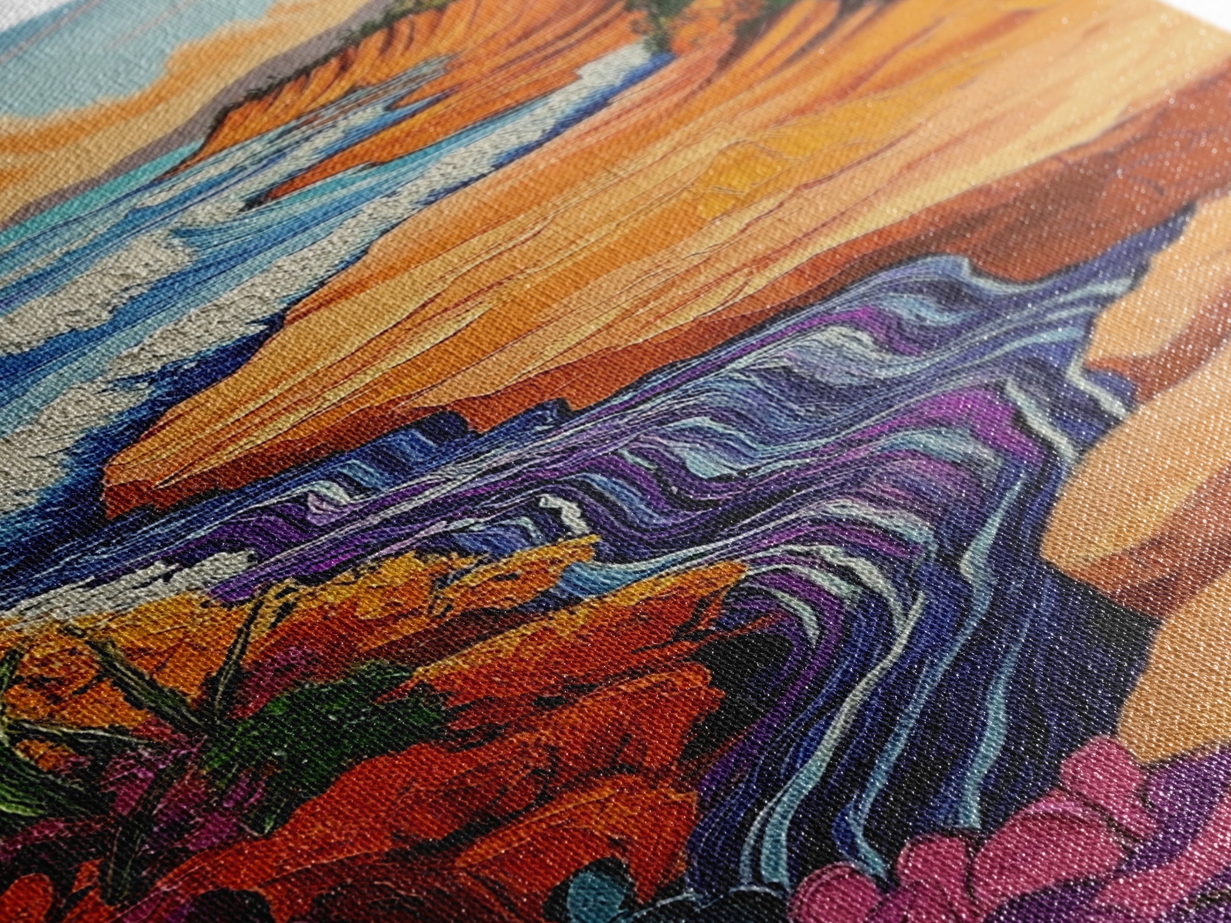 Beach Cliff, Waterfall, Sunset, Canvas Print bold beachside cliff art, ocean waterfall wall decor, coastal boho painting, living room print