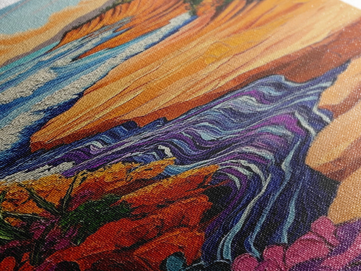 Beach Cliff, Waterfall, Sunset, Canvas Print bold beachside cliff art, ocean waterfall wall decor, coastal boho painting, living room print