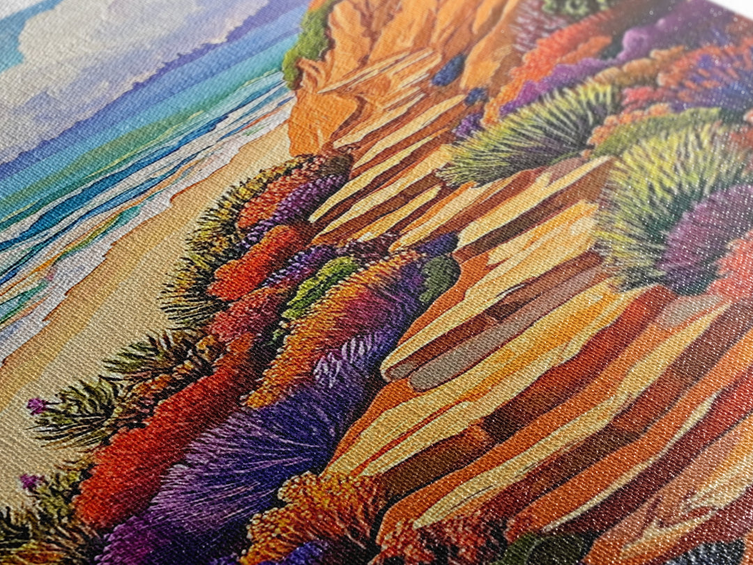 Ocean Trail, Bloom, Cliffside, Framed Canvas Print, Vibrant beach path painting, floral coastal art, boho landscape wall décor
