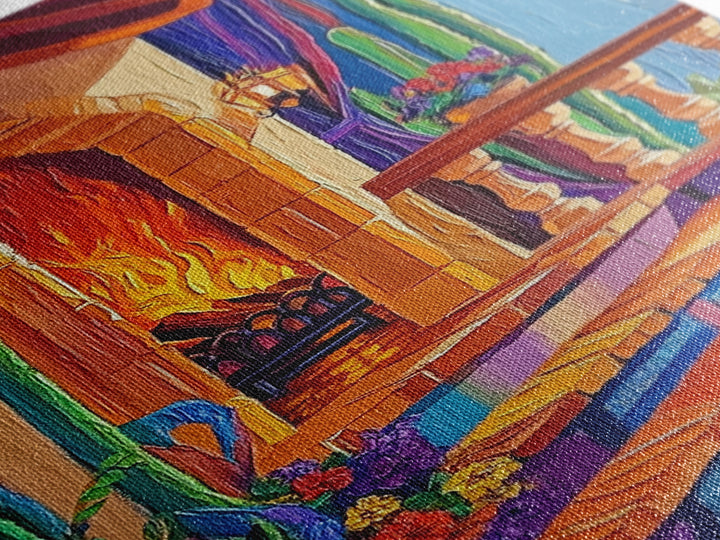 Cozy Hacienda, Fireplace, Terrace, Canvas Print, Southwestern Wall Art, Warm Interior Scene, Kitchen or Dining Room Boho Decor