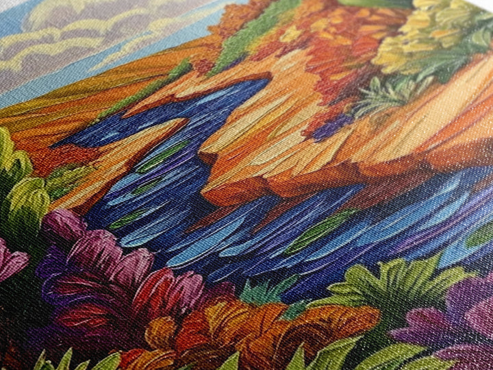 River Canyon, Fall, Flowers, Framed Canvas Print, Autumn Nature Artwork, Cozy Cabin Decor, Warm Earth Tones, Living Room Wall Art