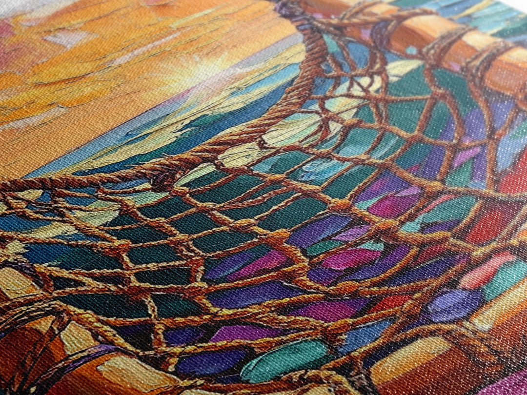 Ocean Hammock, Sunset, Boho, Framed Canvas Print dreamy hammock wall art, ocean sunset boho painting, coastal beach decor, patio art