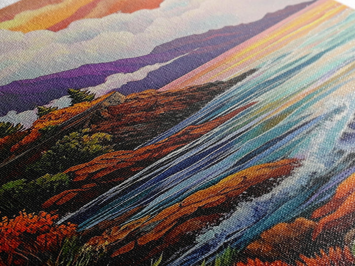 Cliffs Waves, Mountains, Autumn, Framed Canvas Print, coastal cliffs wall art, crashing waves painting, Autumn landscape, living room decor