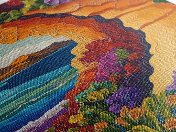 Cliffside Flowers, Ocean, Landscape, Framed Canvas Print floral coastal wall art, textured seaside painting, beach house decor, boho art style