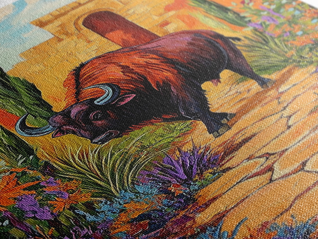 Bison Path, Desert, Framed Canvas Print, Southwest Bull Wall Art, Rustic Western Decor, Vibrant Nature Boho Style, Entryway Wall Art