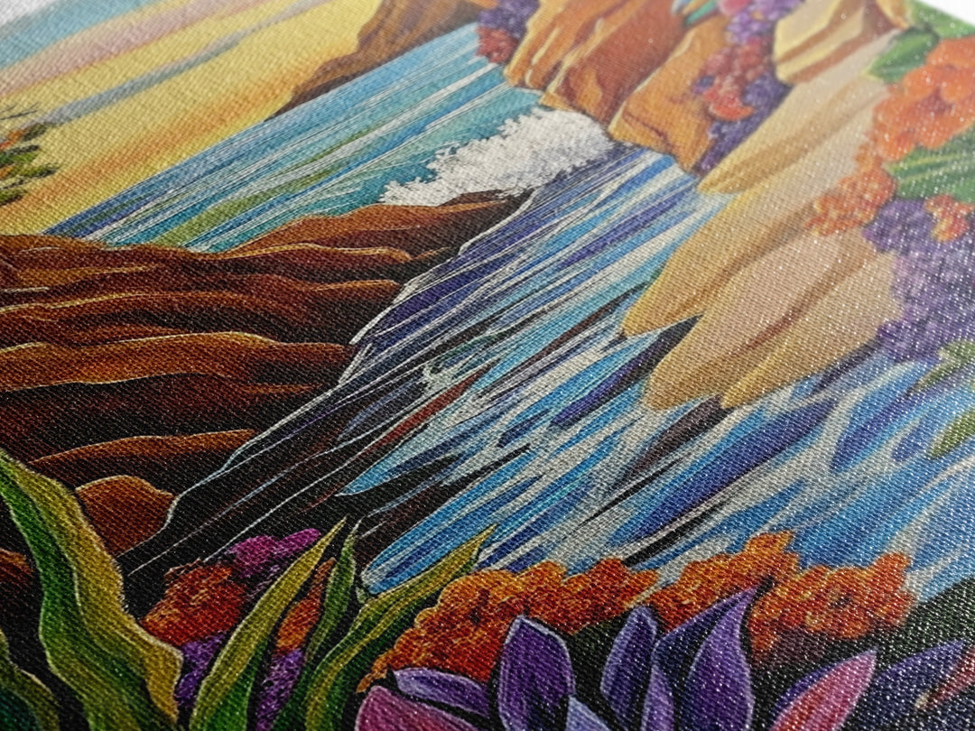 Cliff Ocean, Sunset, Framed Canvas Print, Bold Coastal Canyon Wall Art, Vibrant Nature Decor, Boho Landscape Style, Bedroom Wall Art