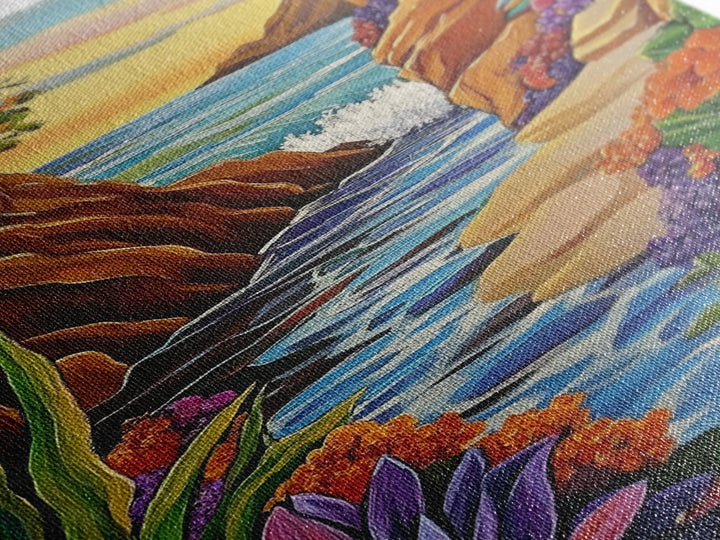 Cliff Ocean, Sunset, Framed Canvas Print, Bold Coastal Canyon Wall Art, Vibrant Nature Decor, Boho Landscape Style, Bedroom Wall Art