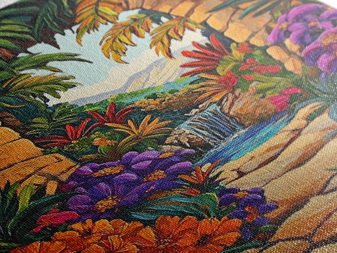 Archway Jungle, Waterfall, Framed Canvas Print, Exotic Tropical Wall Art, Bold Jungle Landscape Decor, Entryway art, Bathroom Wall Art